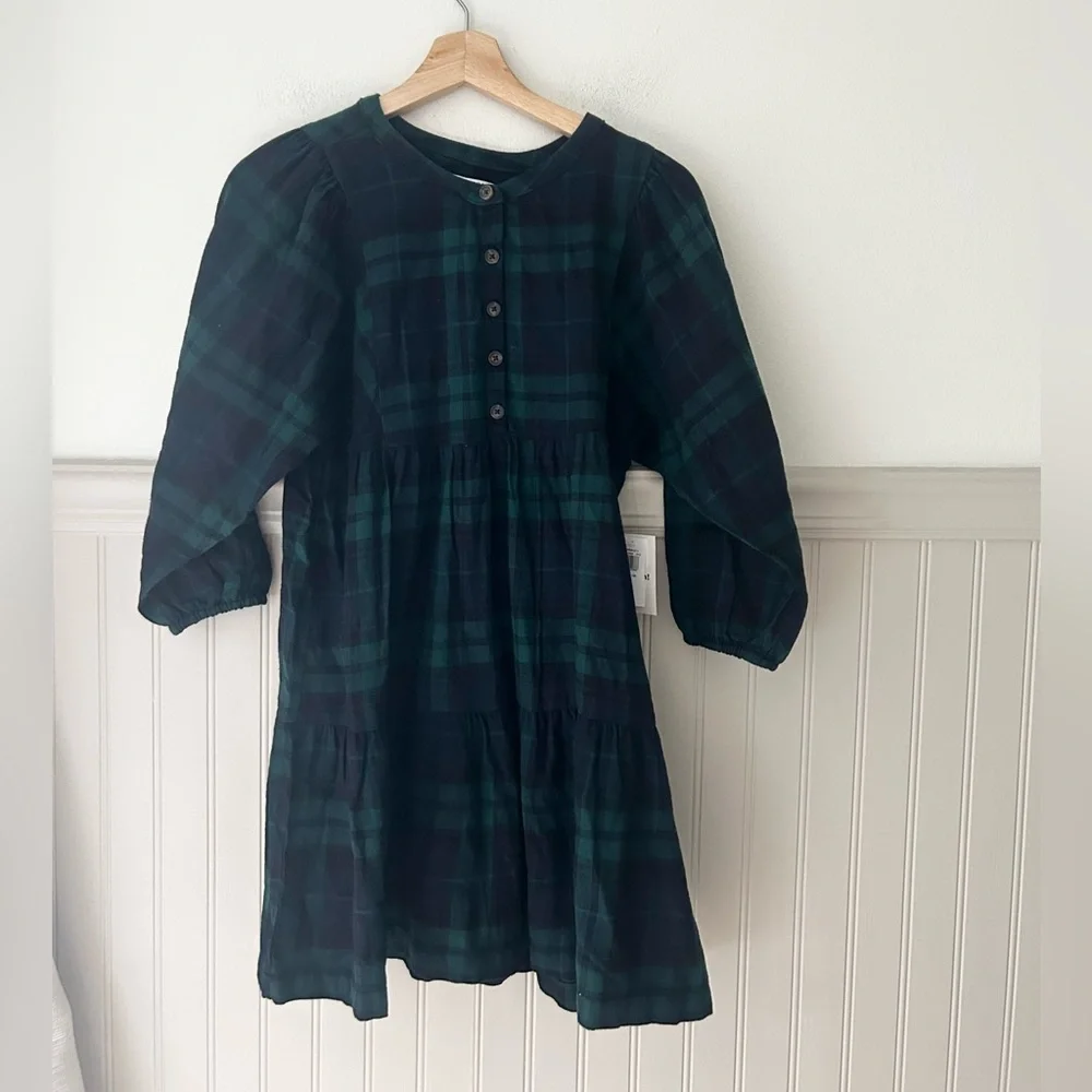 ⭐️NEW Old Navy Girls Large 10/12 Green Blue Plaid Long Sleeve Button Front Dress